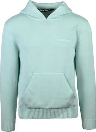 Palm Angels Aqua Green Knit Hoodie with Embroidered Detailing