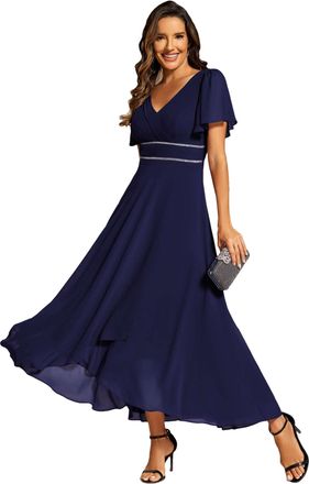 Ever-pretty Women Dress Double V-Neck Waist Trimmed Chiffon Formal Evening Dress Navy Blue 14UK