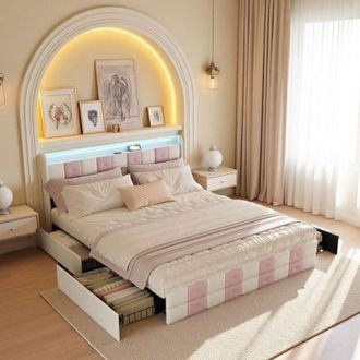 OEM Cama Doble 140x190 - Terciopelo Blanco - 4 Cajones De Almacenamiento - Iluminaci&oacute;n Rgb - Dise&ntilde;o Escandinavo