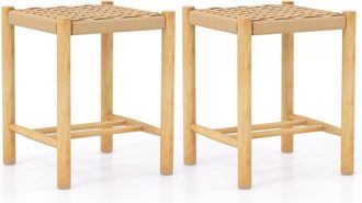 Costway Costway - Juego De 2 Taburetes De Bar, Estructura De Madera De Goma Y Asiento De Papel Tejido, Taburete Sin Respaldo R&uacute;stico Para Comedor, Cocina, 36 