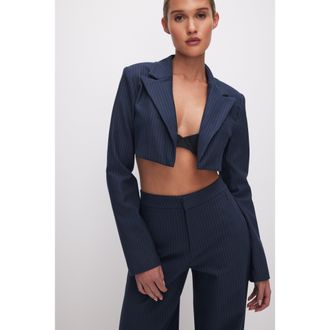 Good American Womens Ponte Super Cropped Blazer | Ink Stripe, Size Medium | Good American by Khlo&Egrave; Kardashian