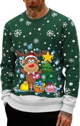 Generic Ugly Christmas Jumpers for Men Crew Neck with Long Sleeves, Warm Cosy Xmas Jumper Funny Christmas Sweater Men Novelty Graphic Reindeer Snowflakes Knit