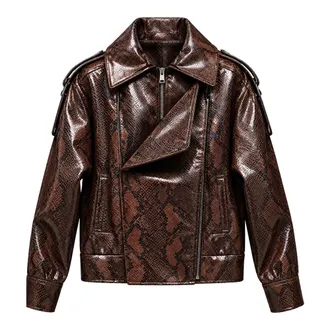 Actualee Lederlook Jas met Slangenprint - Dames - Jassen - Bruin - Maat: XS Poliester