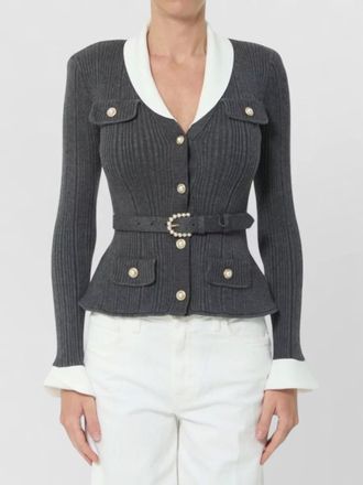 Self Portrait cardigan belted waist contrast collar pockets