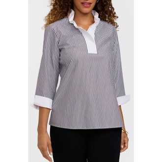 Foxcroft Tammy Ruffle Collar Cotton Top in Black/White at Nordstrom, Size X-Large