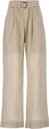 Brunello Cucinelli Beige Katoenen Broek met Riemlussen - Dames - Wijde Broeken - Beige - M - Katoen - Broeken