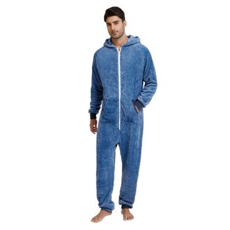 Generic Long Sleeve Jumpsuit Men, Mens Onesie Pyjamas Warm Plain Pyjamas with Hood Zip Fluffy Soft Leisure One-Piece Pyjamas Sleep Overall Zip Teddy Fleece On