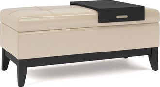 Simpli Home Oregon 42in Transitional Rectangle Storage Ottoman Bench with Tray