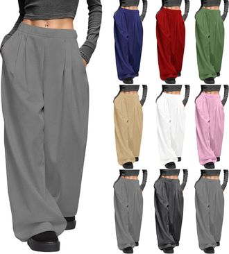 Generic Trousers for Women UK Casual Wide Leg Pleated Trousers with Pockets Solid Color Elastic Waist Pants Loose Lightweight Breathable Daily Wear Going Out 
