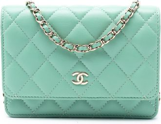 Chanel Pre-owned Womens Mini Cc Quilted Lambskin Wallet On Chain - Turquoise Leather - One Size