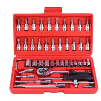 OEM Juego De 46 Piezas De Llaves De Vaso Y Carraca De Cromo Vanadio De 1/4 Con Adaptador Para Llave De Carraca, Juego De Llaves De Vaso, Rojo