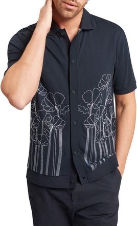 Ted Baker Actton Embroidered Short Sleeve Knit Button-Up Shirt in Navy at Nordstrom, Size 5