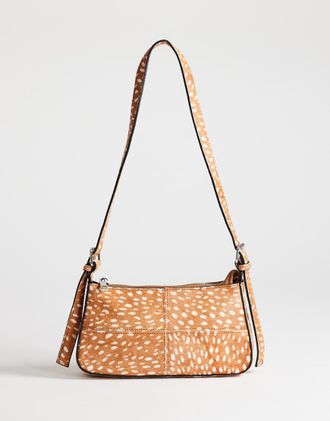 Topshop Bam - Borsetta da spalla in pelle cavallino color cuoio con stampa cerbiatto-Marrone