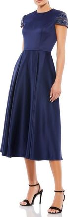 Mac Duggal High Neck Cap Sleeve Tea Length Dress in Midnight at Nordstrom, Size 12