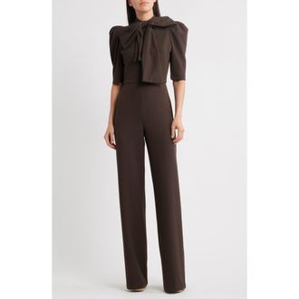 Black Halo Ara Tie Neck Puff Sleeve Jumpsuit in Espresso at Nordstrom, Size 6
