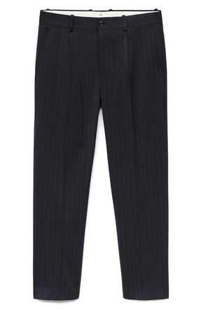 Mango Slim Fit Pleated Pinstripe Suit Pants in Dark Navy at Nordstrom, Size 34