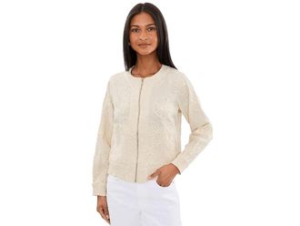 Liverpool L.A. Long Sleeve Collarless Jacket With Smocking Womens Jacket Pale Sand Stripe : XL, Cotton