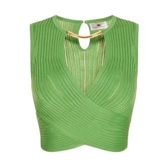 Elisabetta Franchi Sleeveless Tops, female, Green, Size: L Knit Top with Jewel Detail