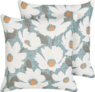 Beliani Beliani - Conjunto De 2 Cojines Boho De Algod&oacute;n Con Dise&ntilde;o Floral Hecho A Mano Funda Extra&iacute;ble 45 X 45 Cm Azul Jatropha