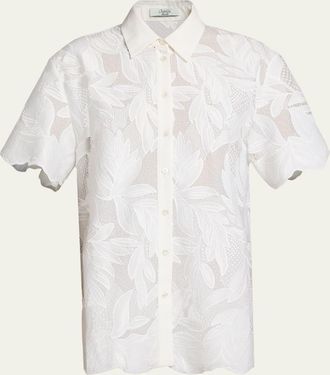 Erdem Floral Cutwork Cotton Short-Sleeve Button-Down Shirt