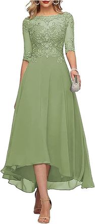 Generic Classy Mother of The Groom Dresses for Women with Lace Applique Chiffon Tea Length Mother of Bride Dress Sage Green UK12