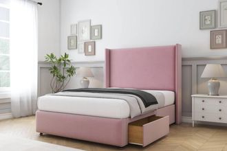 Sloomy Stratford Plush Divan Set No Drawers-54 Wingback-Footboard in Pink | Size: Small Single