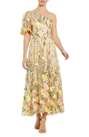 Mac Duggal One Shoulder Floral Lace Embroidered Dress in Yellow Multi at Nordstrom, Size 16