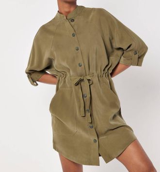 Apricot Drawstring Shirt Batwing Dress In Khaki