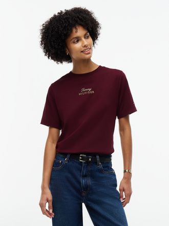 Tommy Hilfiger Womens Embroidered Script Interlock T-Shirt - Deep Burgundy - XXS