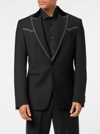 Philipp Plein Blazer monopetto in lana con cristalli ricamati e rever a lancia