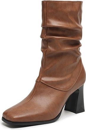 Generic Womens Knee-High Boots, Elegant Slouch Boots in Vintage PU Leather with Block Heel And Pointed Toe Slip-On Shoes Comfortable Tall Boots for Autumn Win