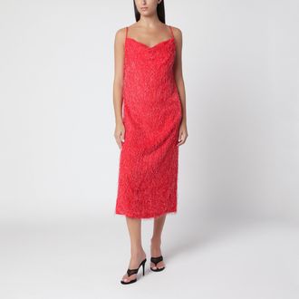 Bottega Veneta Abito midi rosso con texture effetto frange