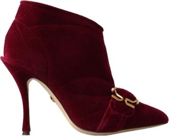 Dolce & Gabbana Bordeauxrode Velvet Enkellaarzen met Ritssluiting - Dames - Laarzen met Hak - Rood - 40 EU - Katoen - Schoenen