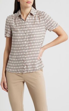 Anne Klein Shirred Short Sleeve Button-Up Shirt in White Dove Multi at Nordstrom, Size X-Small P