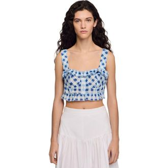 Sandro Gingham linen crop top in Blu /White at Nordstrom, Size X-Large