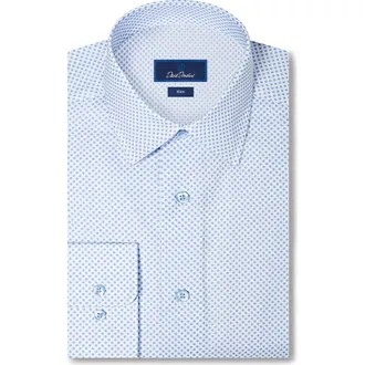 David Donahue Slim Fit Neat Print Stretch Cotton Twill Dress Shirt in White/sky at Nordstrom, Size 14.5