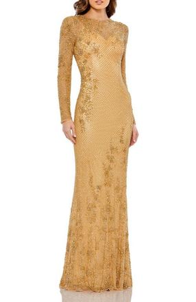Mac Duggal Long Sleeve Embellished Evening Gown in Gold at Nordstrom, Size 10