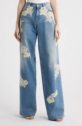 LoveShackFancy Bambie Lace Wide Leg Jeans in Faded Blue at Nordstrom, Size 25