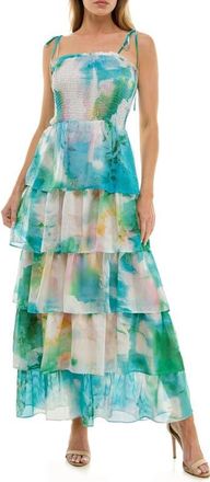 Socialite Floral Smocked Tie Strap Maxi Cocktail Dress in Ivory/Aqua at Nordstrom, Size Small