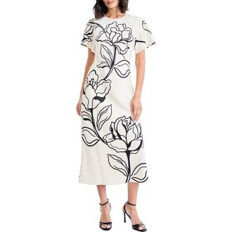 Maggy London Floral Short Sleeve Midi Dress in Cream/Black at Nordstrom, Size 10