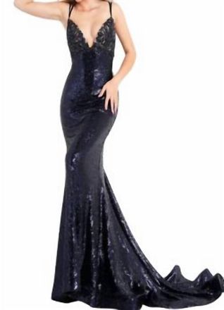 Jovani Sequin Fitted Gown In Navy