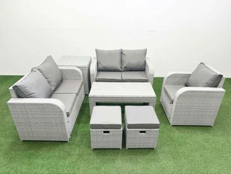 Fimous High Back Poly Rattan Garden Furniture Set w/ Reclining Chair Loveseat Sofa Oblong Coffee Table Indoor Outdoor Patio Set 2 Stool Side Table