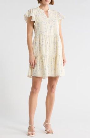Melrose and Market Flutter Sleeve Tiered Minidress in Ivory- Blue Lace Stems at Nordstrom Rack, Size Xx-Large