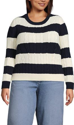 Lands End Plus Size Drifter Classic Cable Crew Neck Sweater in Navy/ivory Rugby Stripe at Nordstrom, Size 1X