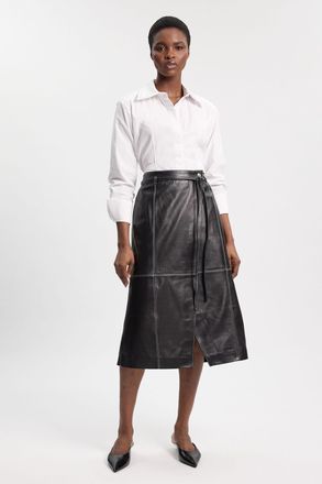 Karen Millen Womens Leather Tie Up Belted Midi Skirt - Black - Size 16 UK