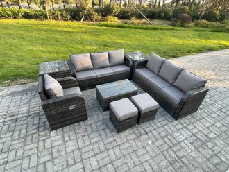 Fimous 9 Seater Rattan Lounge Sofa Set Outdoor Garden Furniture Set with Rectangular Coffee Table 3 Seater Sofa 2 Small Footstools 2 Side Tables