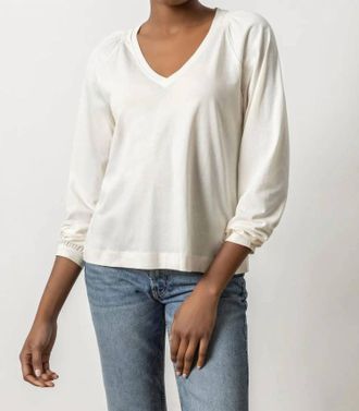 Lilla P Full Sleeve Smocked V-Neck Tee In Ivory