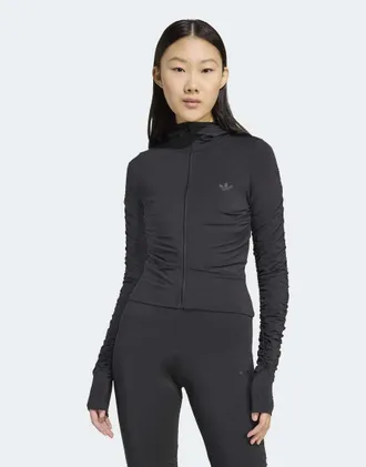 adidas Originals Giacca sportiva nera arricciata-Nero