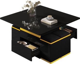STILVORA Mesa De Centro Elevable Con 4 Taburetes Y Almacenaje, Tapa Abatible, Brillo Parcial, En Mdf, 100&times;50&times;43 Cm, Negro Amarillo