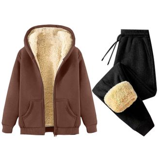 Generic HOOUDO Cheap Coats for Women Uk Fleece Lined Tracksuit Womens Full Set UK 2 Piece Warm Sherpa Lounge Wear Sets Ladies Winter Warm Trouser Suits Co Ord
